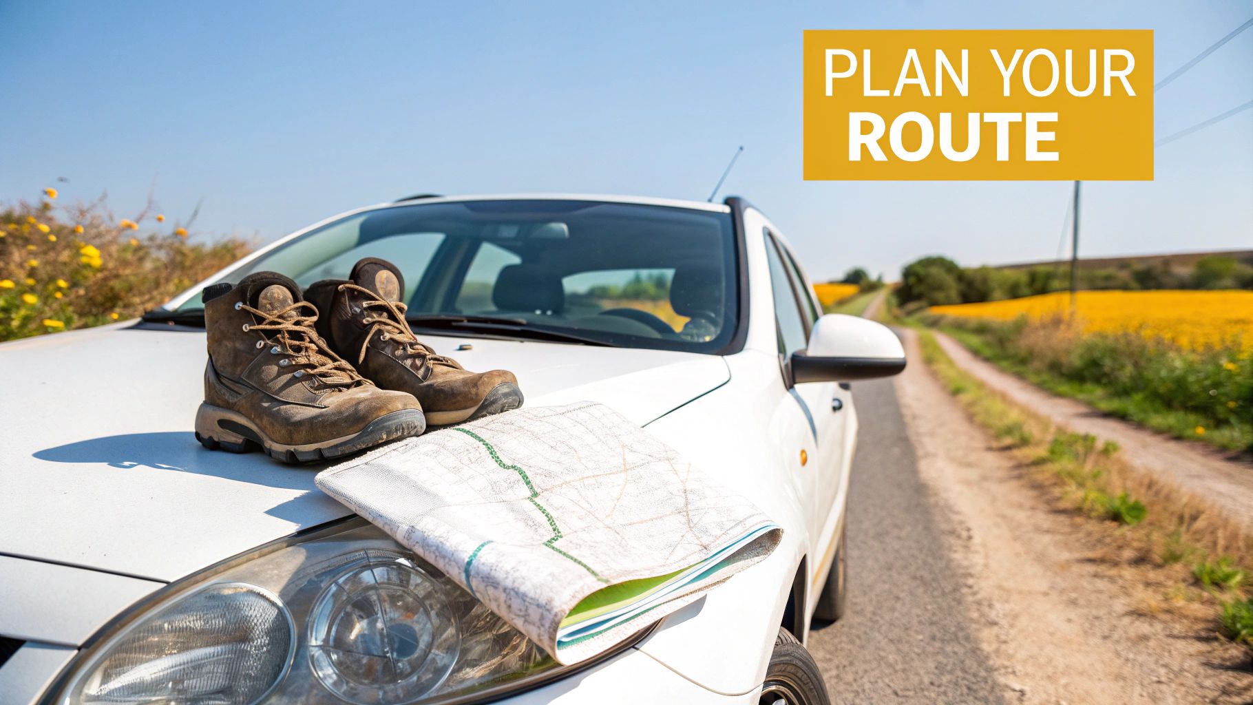 Brown hiking boots and a map rest on a white car's hood, by a country road.