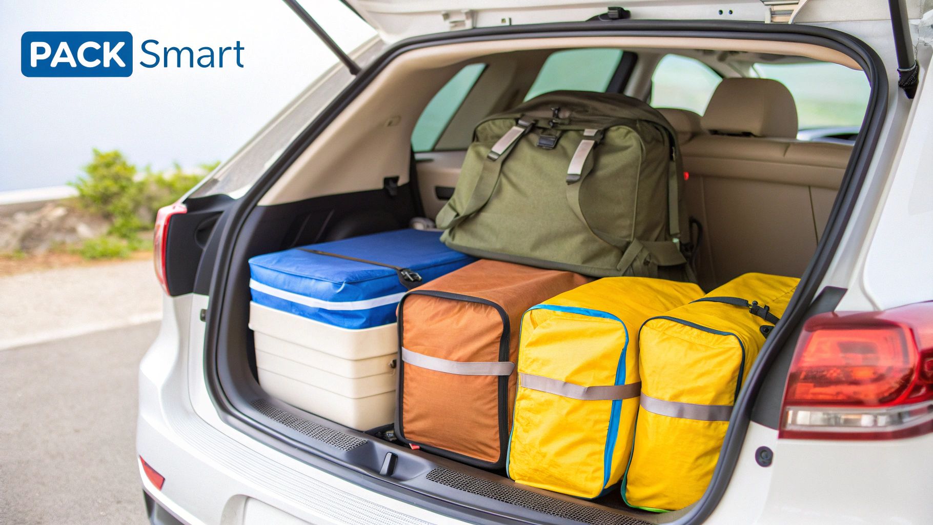 A car boot neatly organised with packing cubes, a cooler, and other storage containers for a road trip.