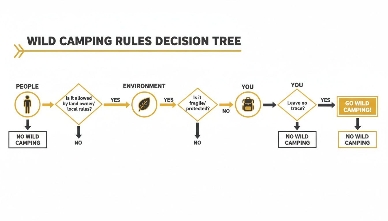 A wild camping rules decision tree outlining conditions for permitted camping based on people, environment, and personal responsibility.