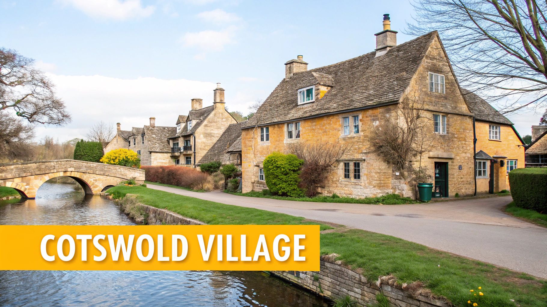 Charming Cotswold village featuring traditional honey-coloured stone houses, a beautiful arch bridge over a river, and green banks.