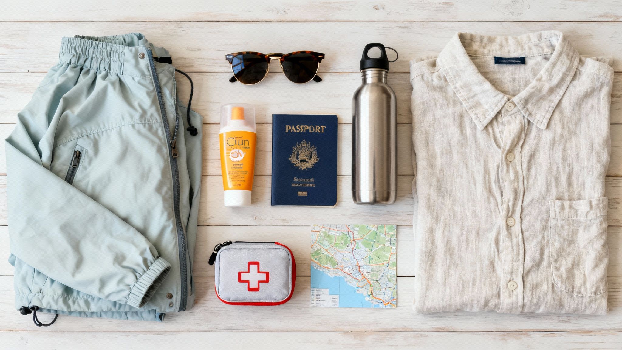 A traveller's essentials for a Greek island tour laid out on a map