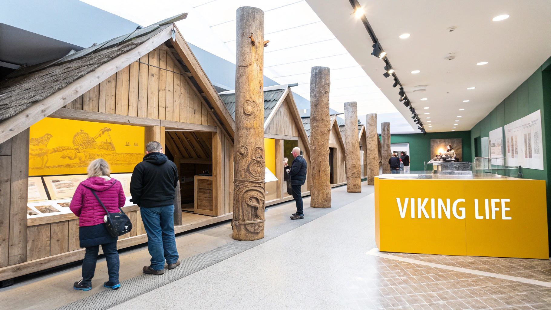 Visitors viewing exhibits inside a modern museum, featuring wooden Viking-style houses and displays.