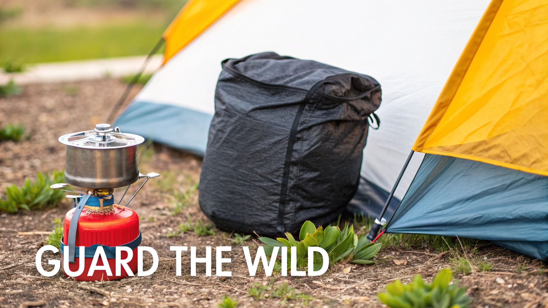 A camping scene with a pot on a camping stove, a black bag, and a tent with "GUARD THE WILD" overlay.