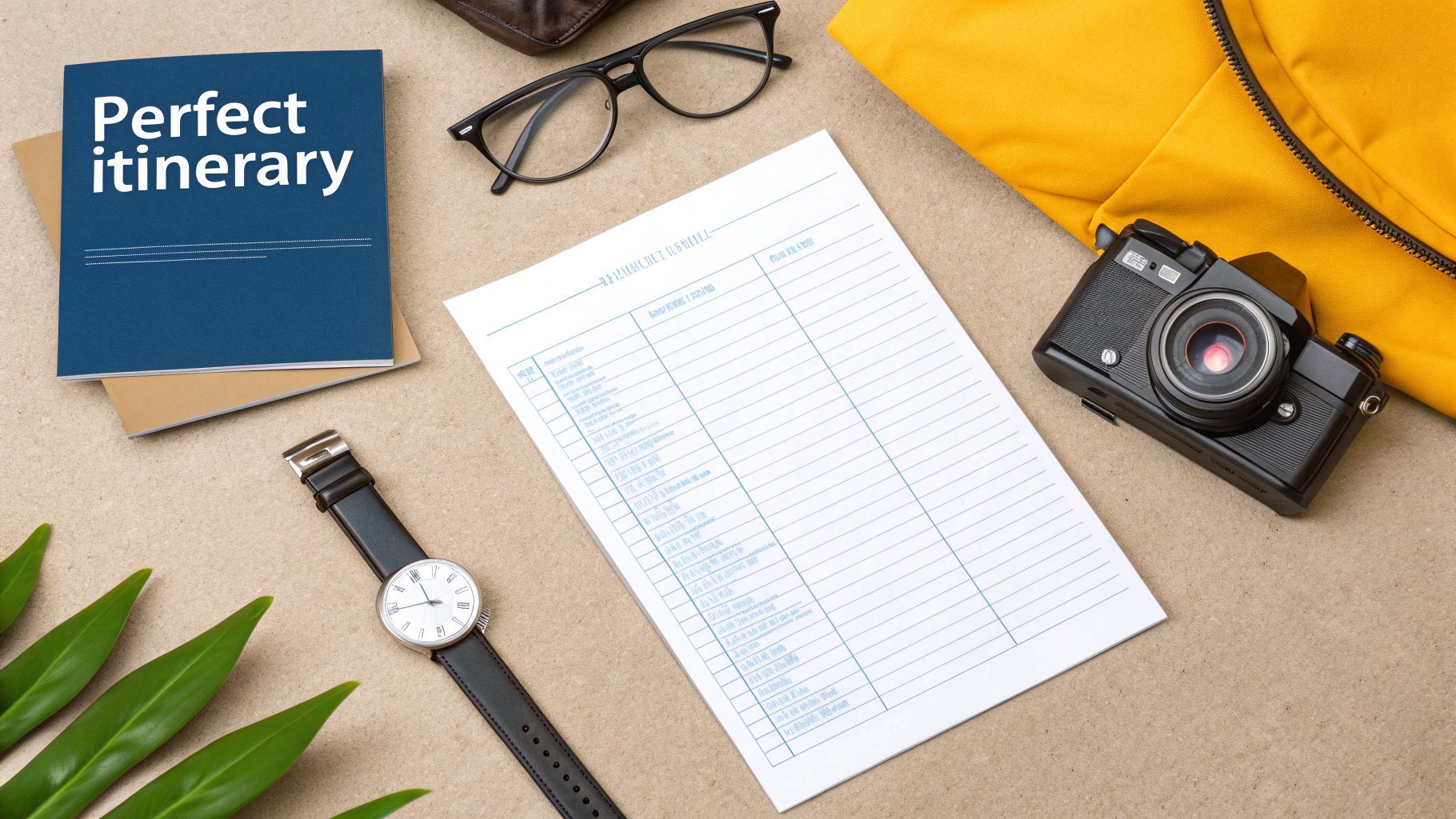 A Guide to Your Unforgettable Stonehenge Tour From Bath 4 Flat lay of travel essentials: itinerary notebook, blank form, camera, watch, and glasses.