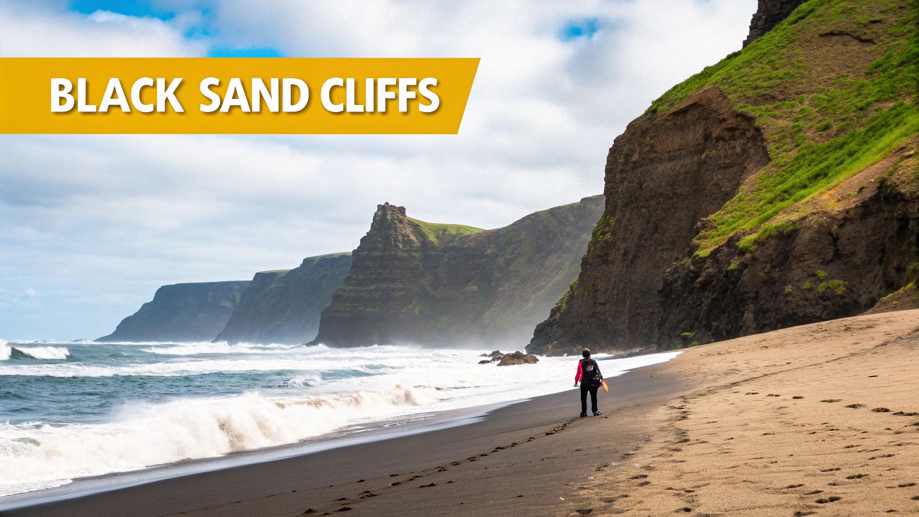 A solo person explores a scenic black sand beach with crashing waves and massive green cliffs.