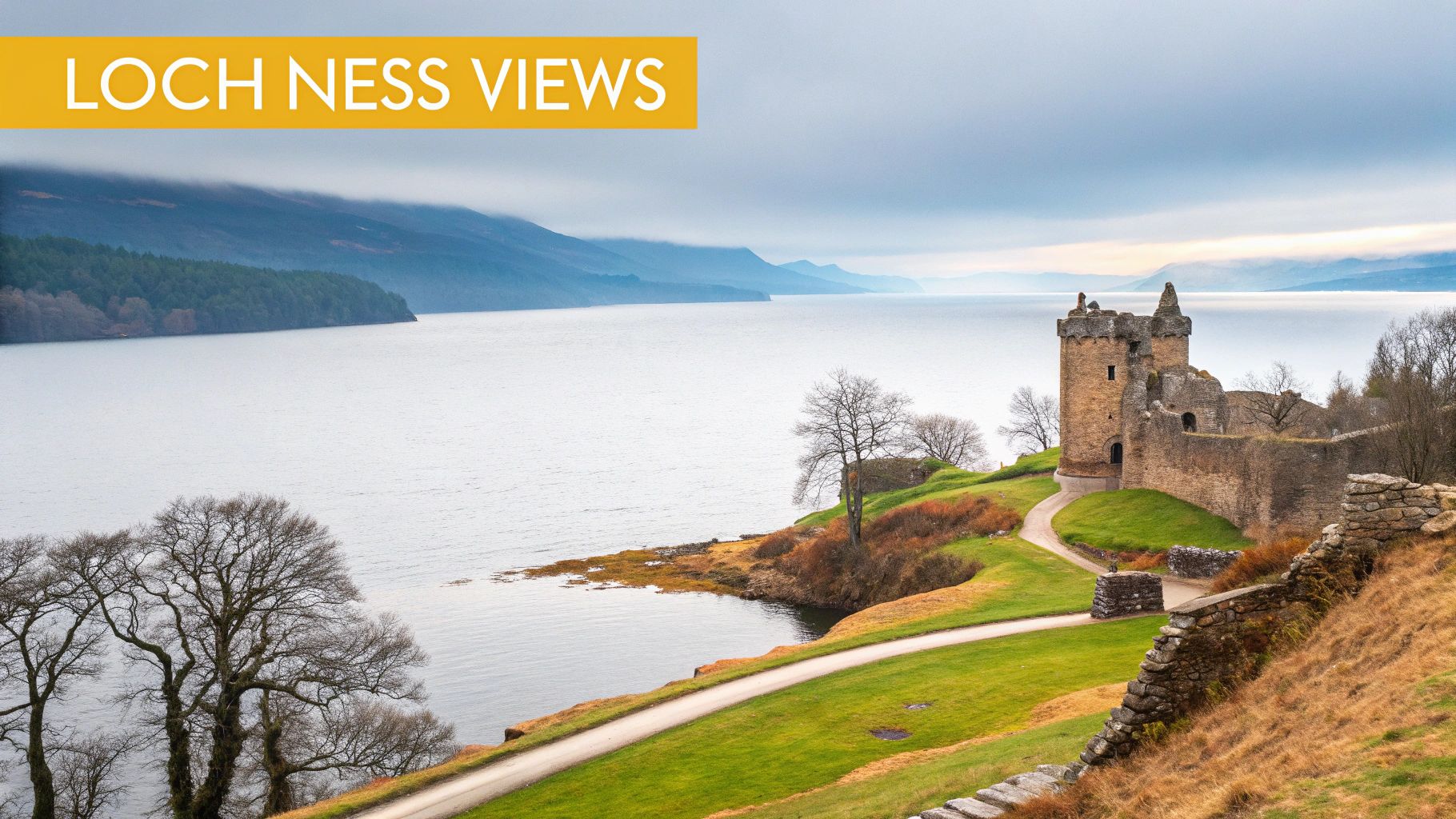 Urquhart Castle ruins overlooking the expansive Loch Ness, surrounded by hills and a cloudy sky.