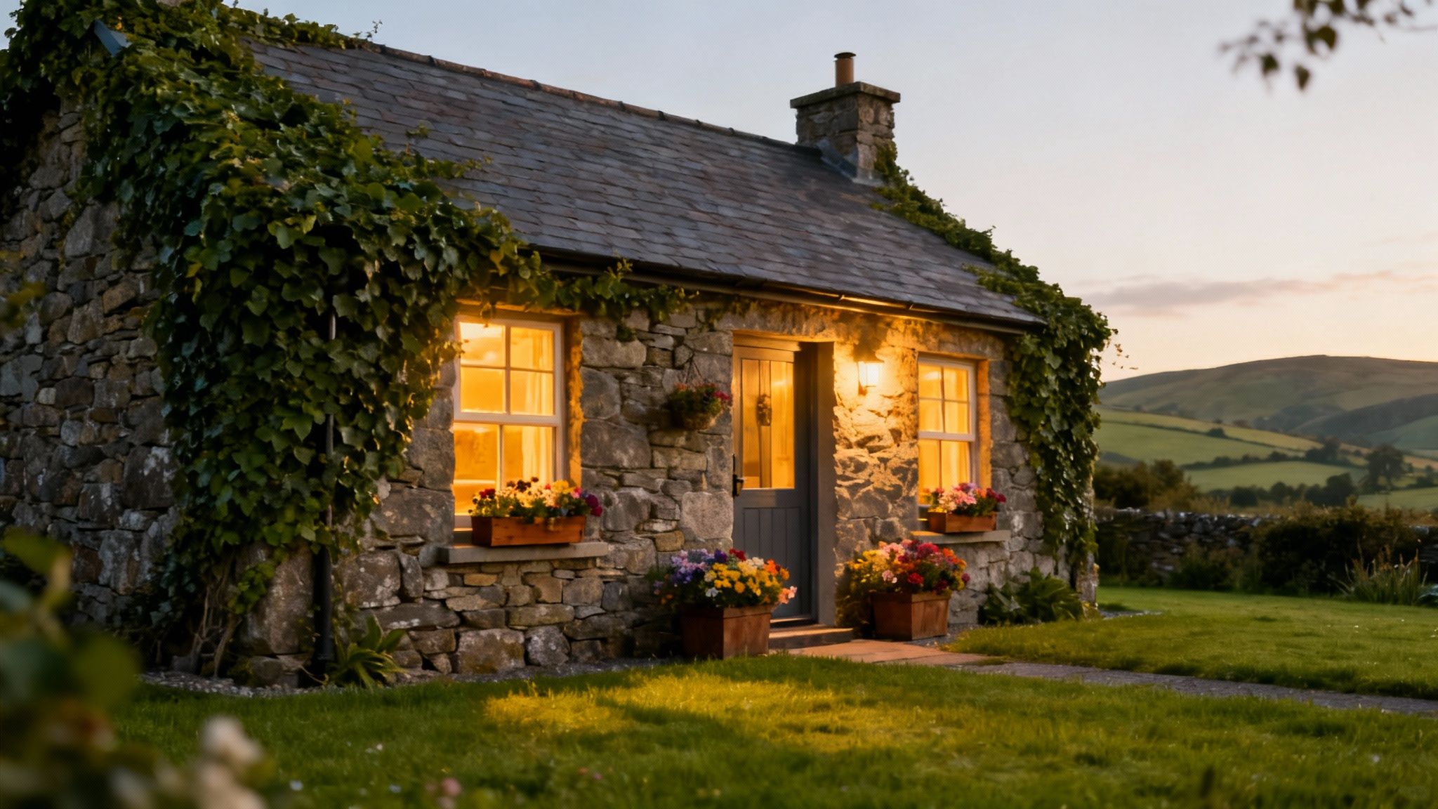 A cosy, traditional Irish pub with a fireplace and musical instruments in the corner.
