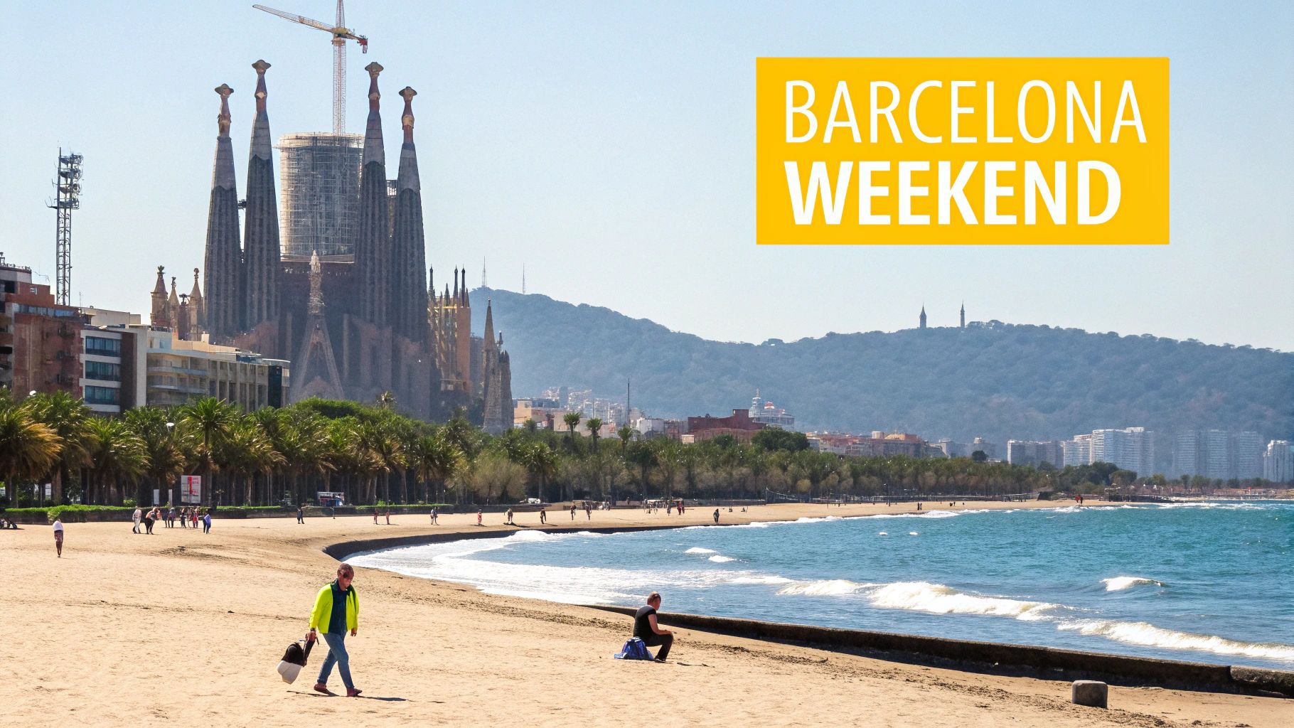 A wide shot of Barcelona, featuring the iconic Sagrada Familia, a bustling beach, and distant mountains under a clear sky.