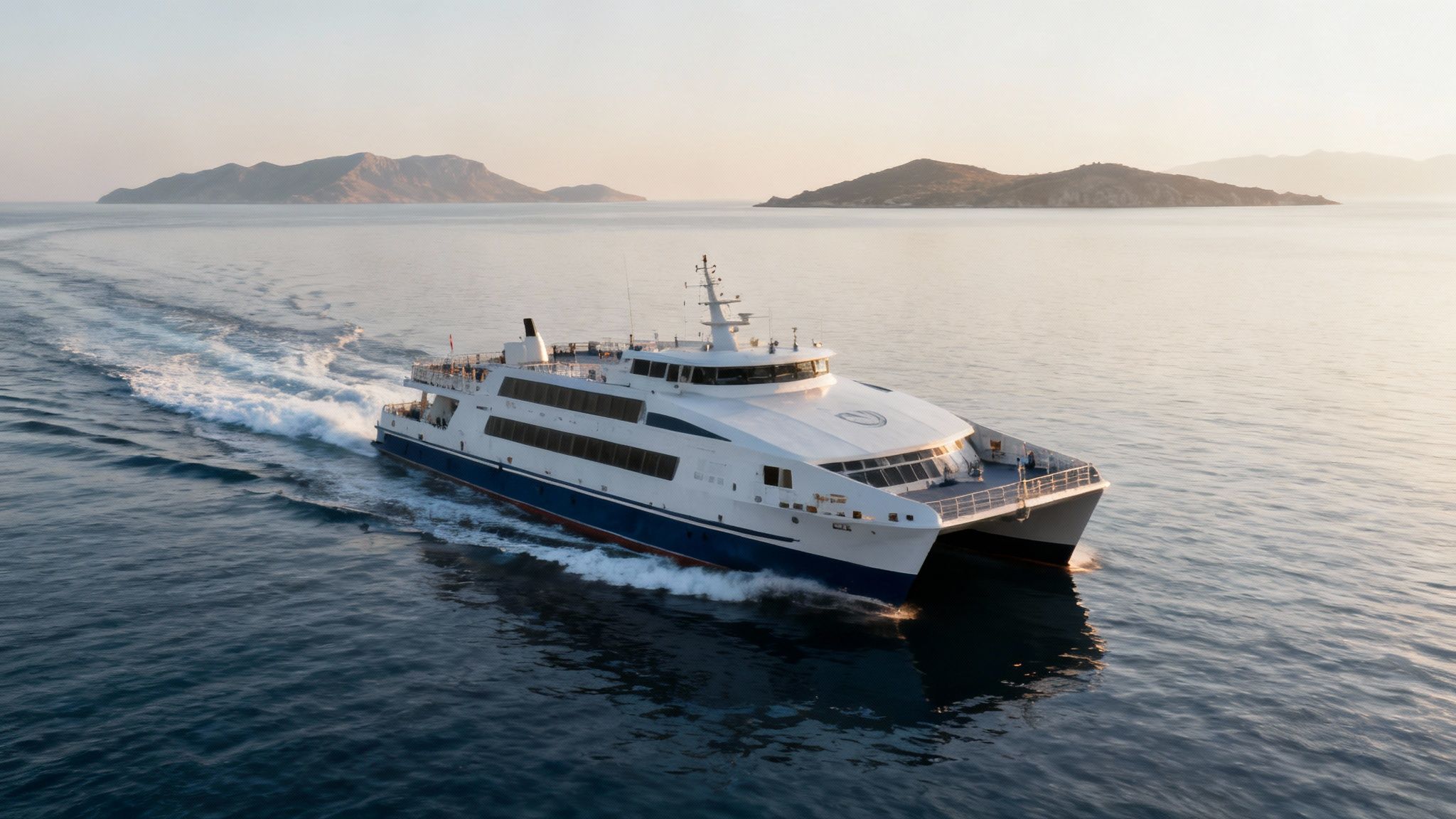 A large Greek ferry docking at an island port, ready for a tour of the Greek islands.