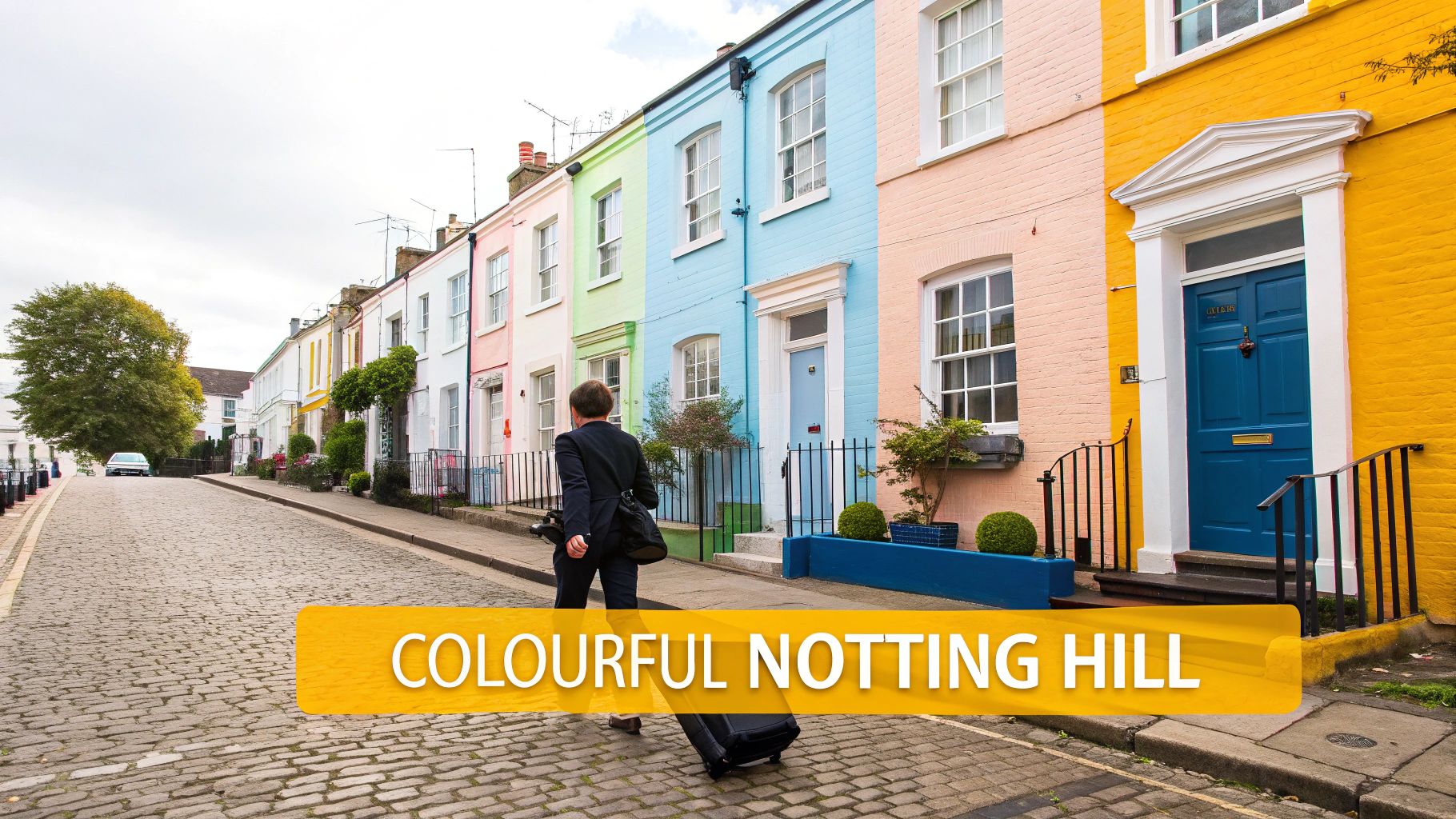 Visiting Notting Hill Your Ultimate Guide to London's Most Vibrant Neighbourhood 3 A person walks along a charming cobblestone street lined with pastel-colored houses in Notting Hill, London.