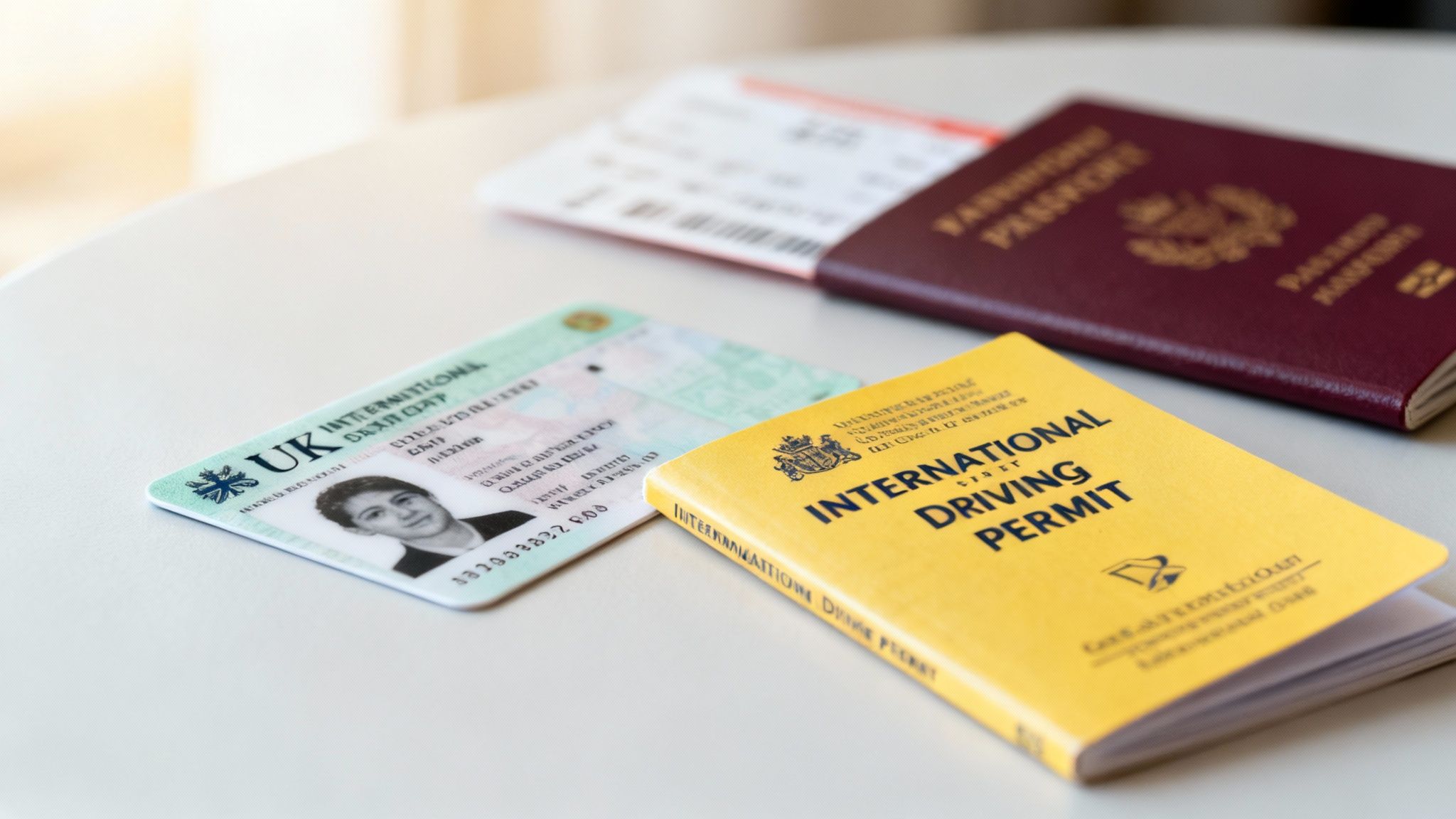 International Driving License Requirements for UK Drivers 4 Three different types of International Driving Permits laid out on a table.