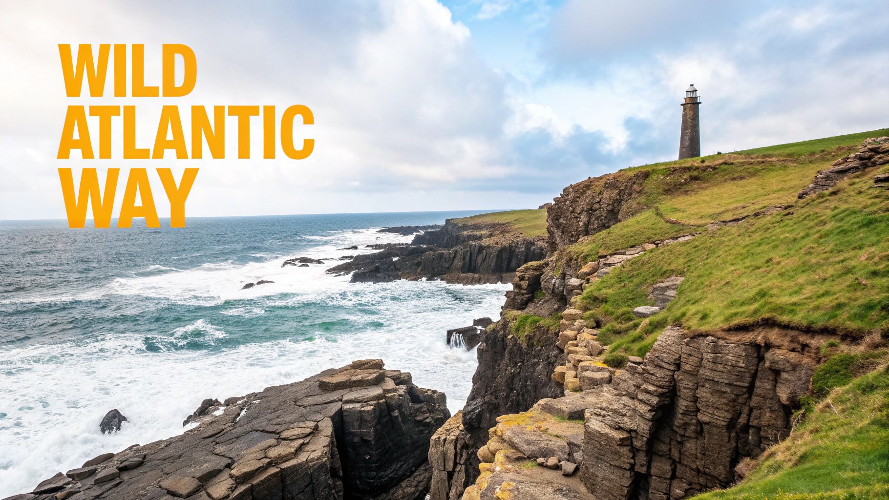 A scenic view of the Wild Atlantic Way in Ireland, featuring a lighthouse on green cliffs overlooking the turbulent ocean.