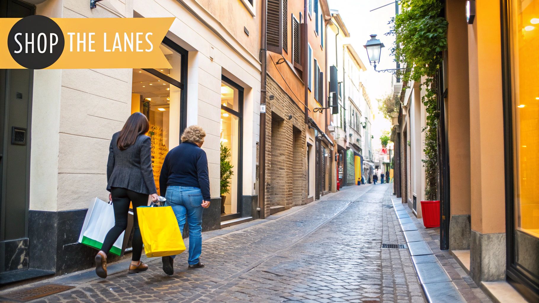 Two women carrying shopping bags walk down a charming, narrow street with shops.