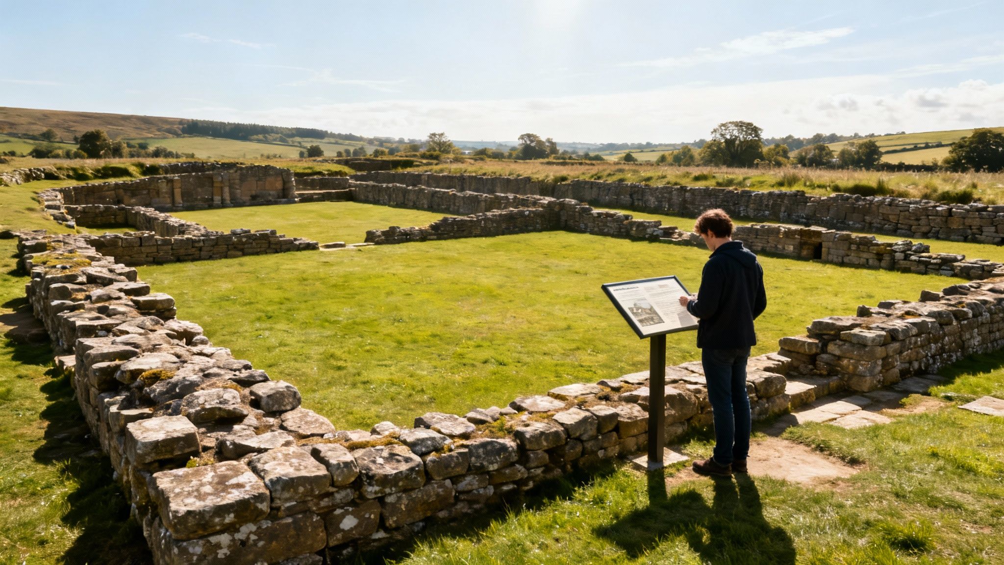 Visitor reading information panel at ancient Roman fort ruins along Hadrian's Wall countryside