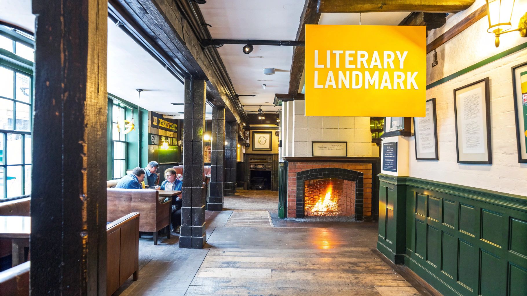 Interior of a historic pub featuring wooden beams, a lit fireplace, and a "Literary Landmark" sign.