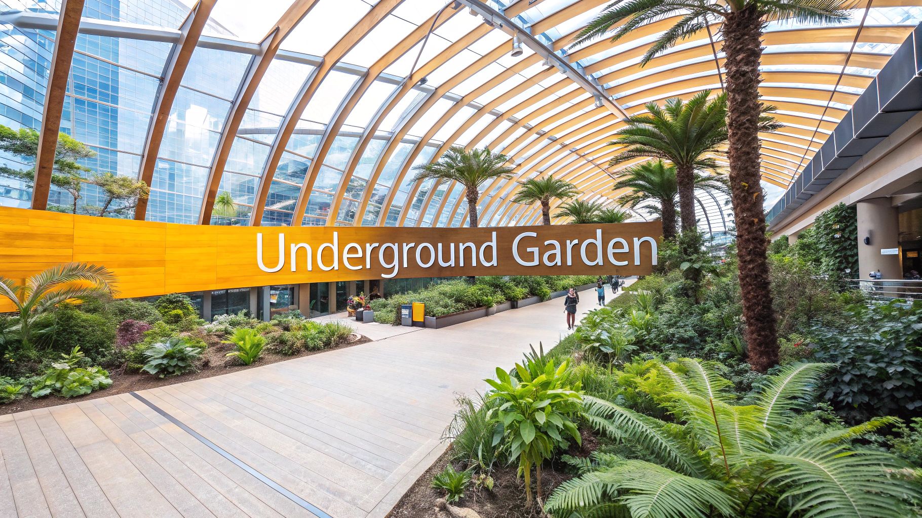 Beyond the Big Ben: 10 Unusual Places to Visit in London for 2025 5 A bright indoor garden with a large yellow 'Underground Garden' sign, lush plants, palm trees, and people walking.