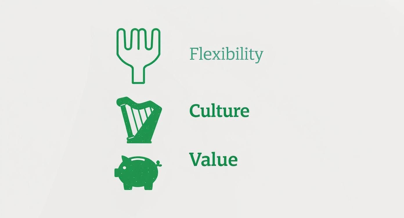 An infographic showing the benefits of a self-drive tour, with icons for Flexibility, Culture, and Value.