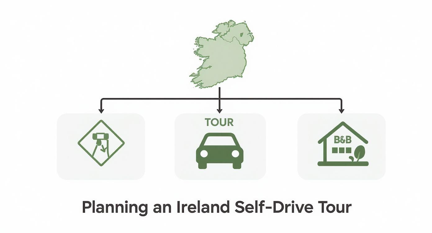 Ireland self-drive tour planning infographic showing map with road signs, car tour, and bed and breakfast accommodation options
