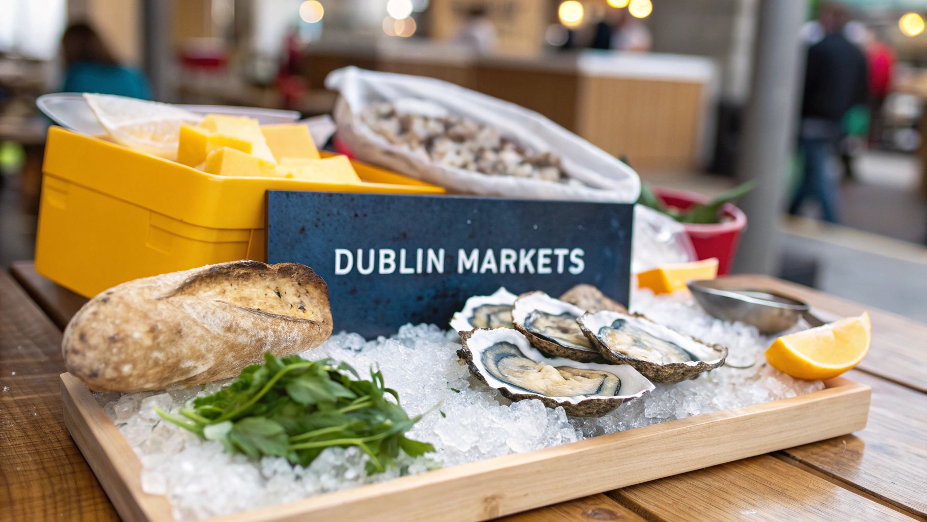 A rustic display of fresh Dublin oysters on ice, with bread, lemon, and cheese at a market stall.