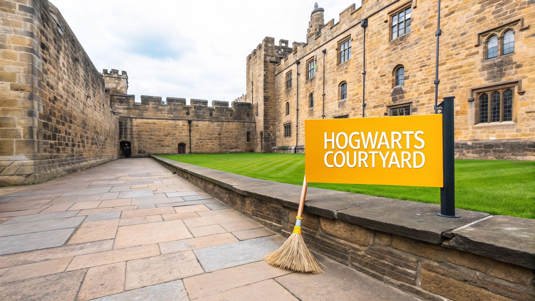 A historic stone castle features a green lawn, paved path, and a 'Hogwarts Courtyard' sign with a broom.