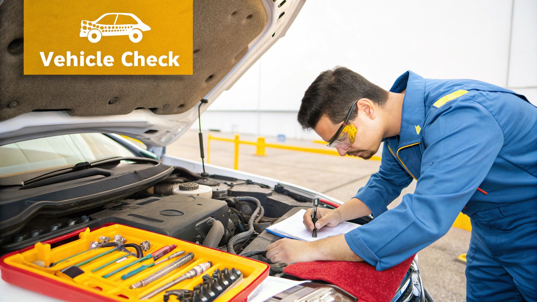 A person checking the oil level of a car with the bonnet open, preparing for a road trip.