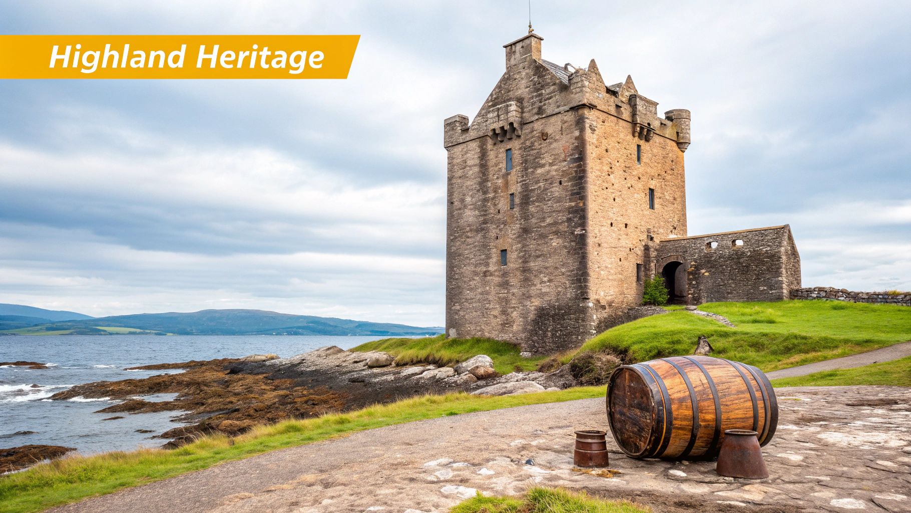 Historic Scottish castle on a rocky coastline with green grass and a large wooden barrel.