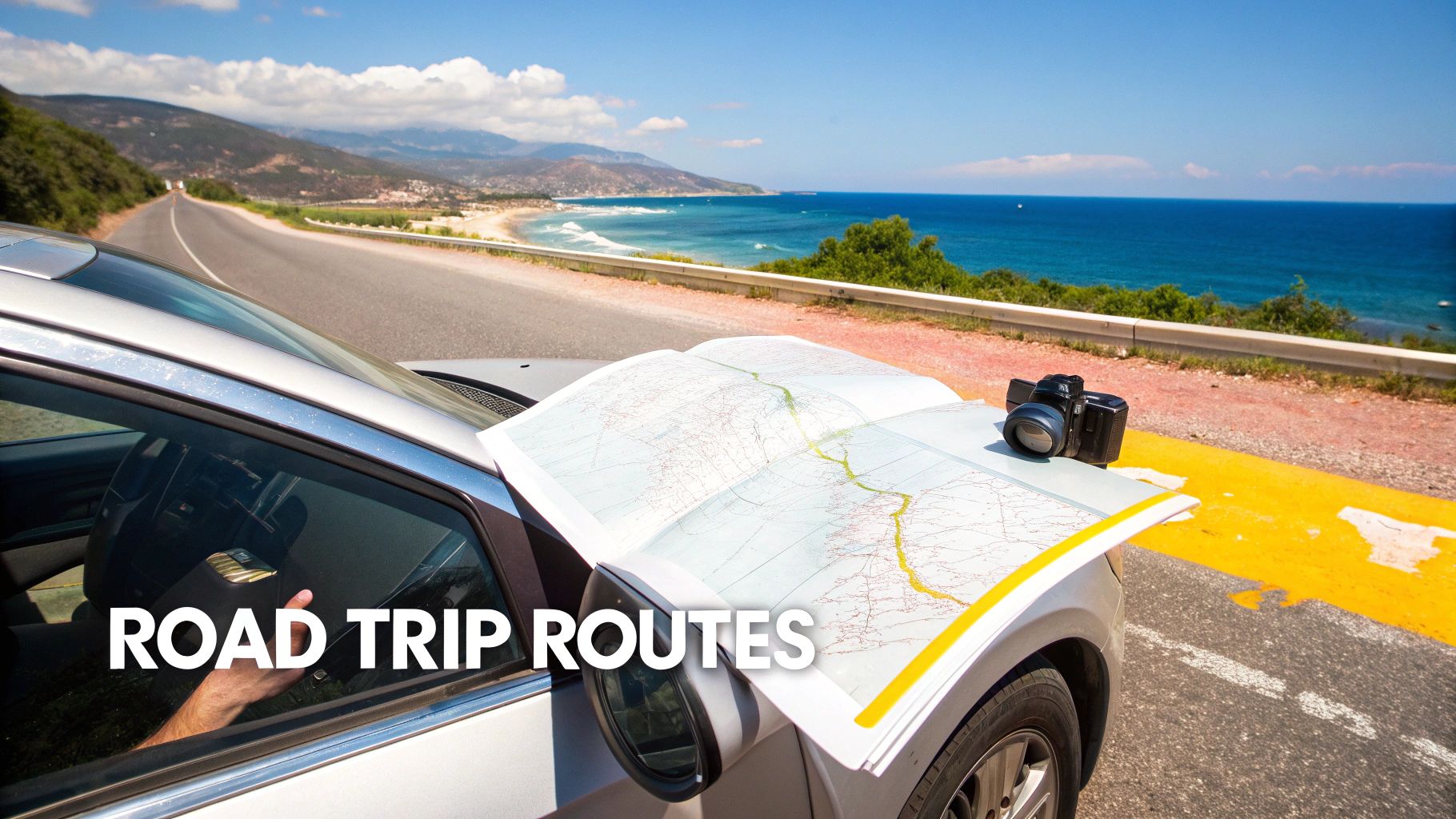 A silver car parked on a scenic coastal road with an open map and camera on its hood, ready for a road trip.