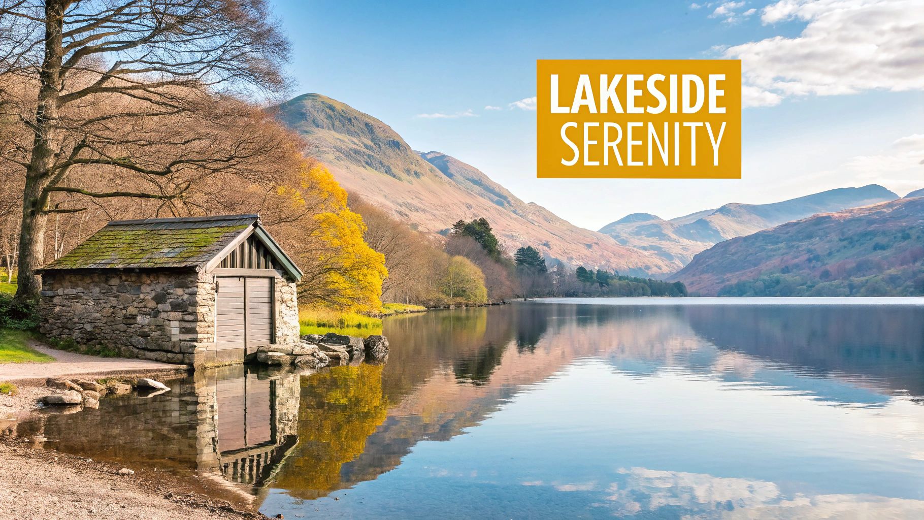 A serene lakeside scene with a stone boathouse, colorful autumn trees, and majestic mountains.