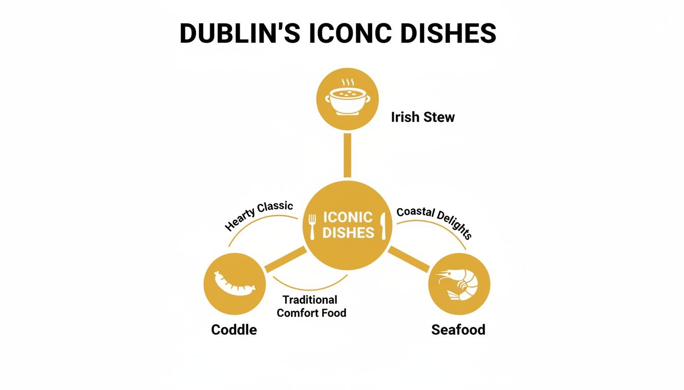 Diagram showing Dublin's iconic dishes: Irish Stew (Hearty Classic), Coddle (Traditional Comfort Food), and Seafood (Coastal Delights).