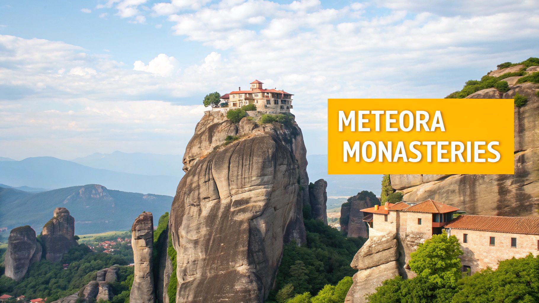 Meteora Monasteries in Greece, ancient buildings perched atop towering rock formations under a clear sky.