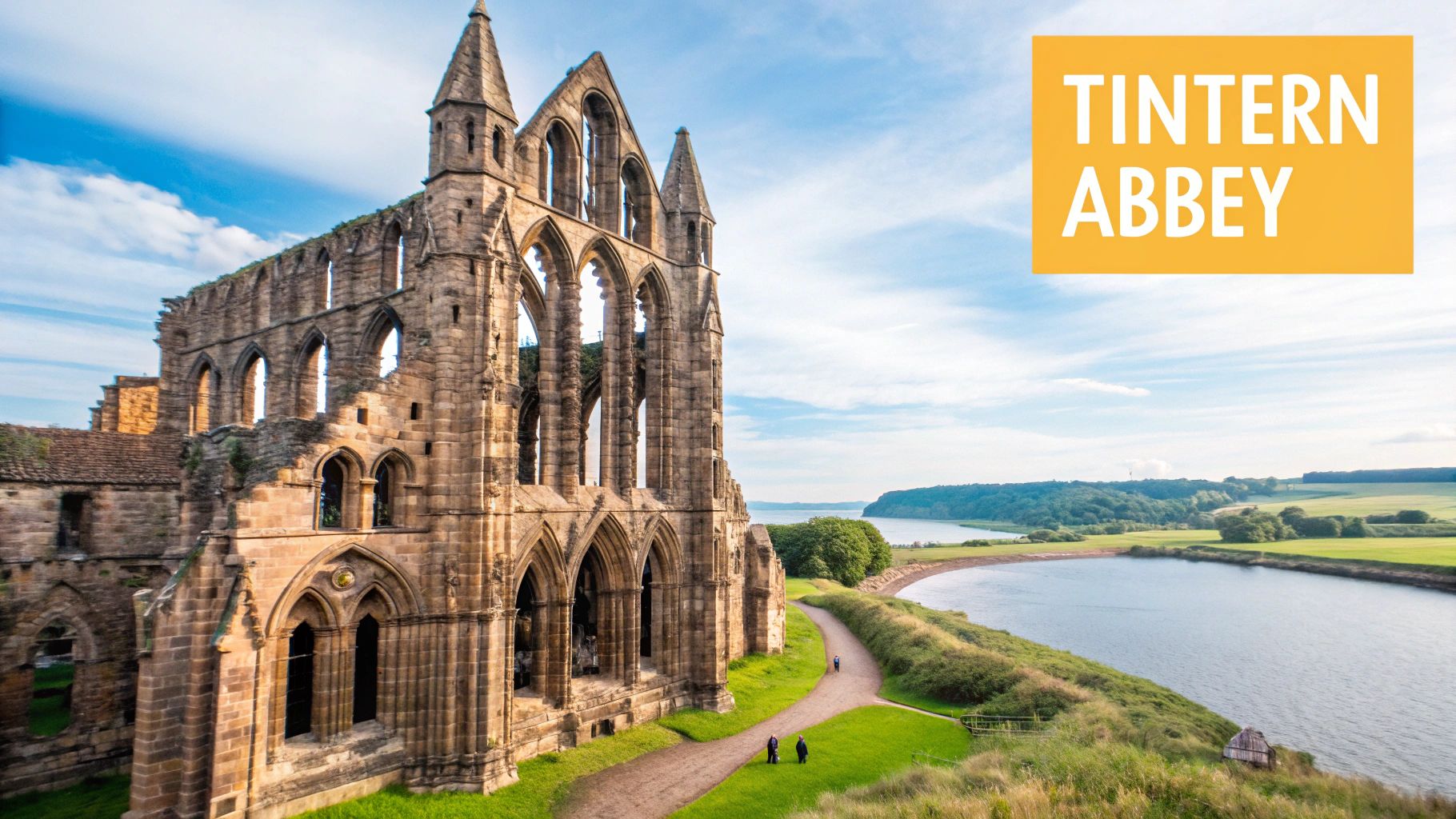 Tintern Abbey, a Gothic ruin with large arched windows, set against a backdrop of green hills.