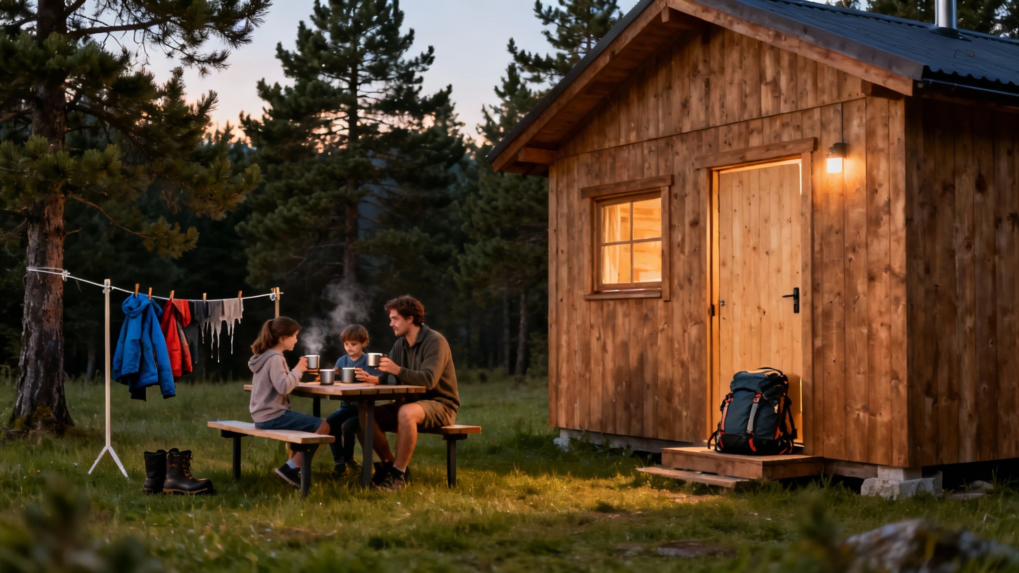 adventure family holidays in uk - unforgettable family trips 5 A family enjoying the view from a rustic log cabin in the UK woods.