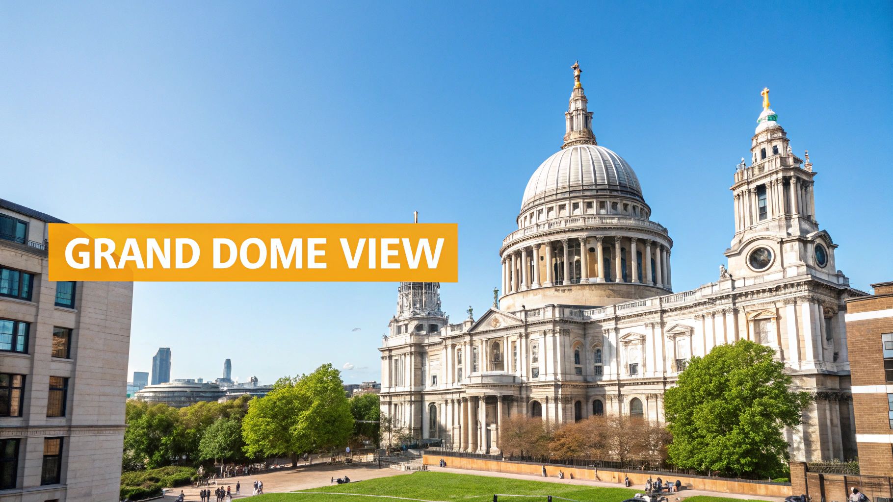 An aerial view of St. Paul's Cathedral in London with its grand dome under a clear blue sky.