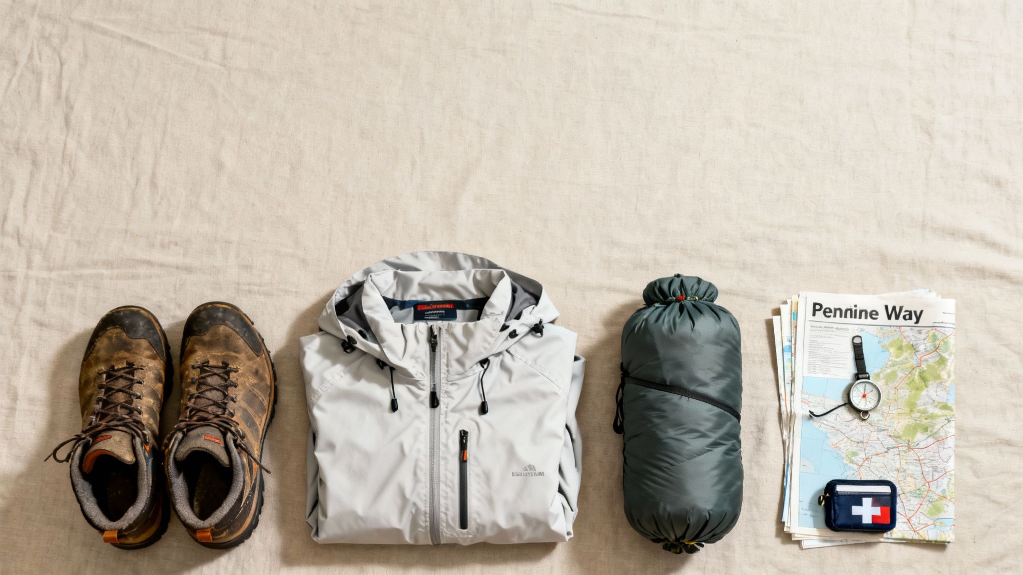 Hiking boots, waterproof jacket, sleeping bag, compass, map and first aid kit laid out