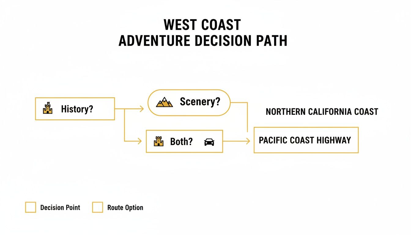 A West Coast adventure decision path diagram with options for history, scenery, or both, leading to California coast routes.