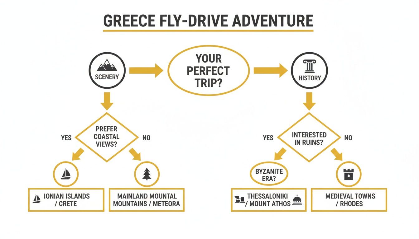 Flowchart guiding a Greece fly-drive adventure, helping users choose a trip based on scenery or history preferences.