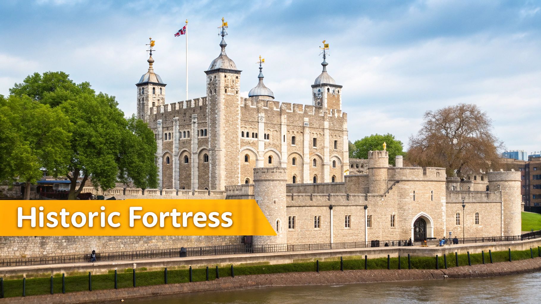 The historic Tower of London fortress by the River Thames under a partly cloudy sky.
