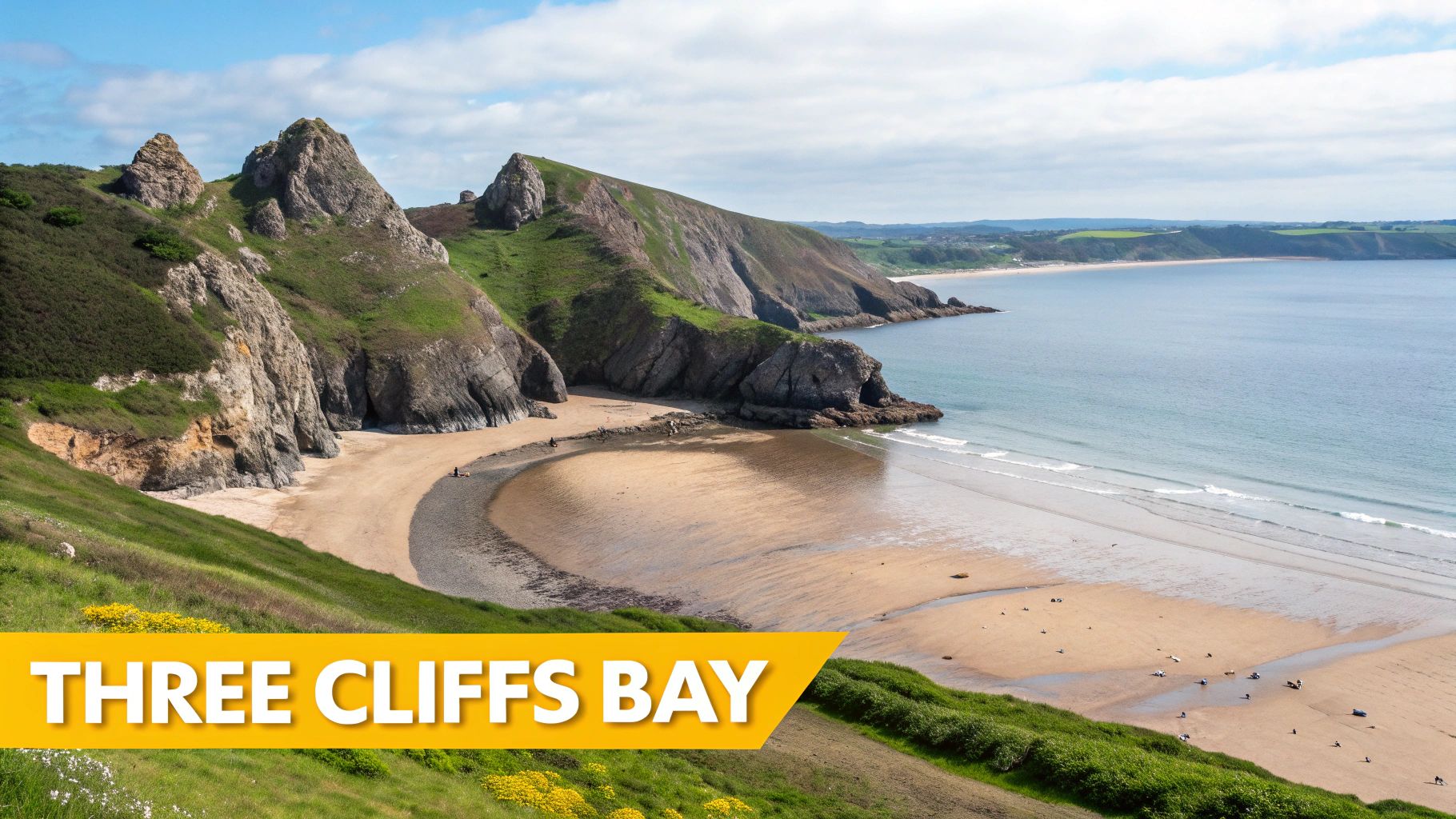 Things to Do in South Wales: A Self-Drive Guide to Top Experiences 4 Three Cliffs Bay, Wales, featuring dramatic green cliffs, golden sand, and serene ocean.