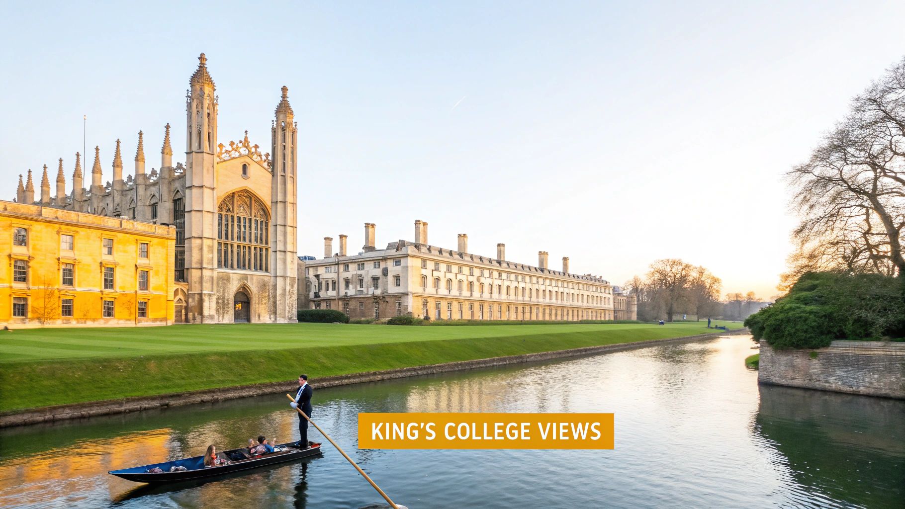 A scenic punt boat ride on River Cam in Cambridge, with historic King's College buildings.