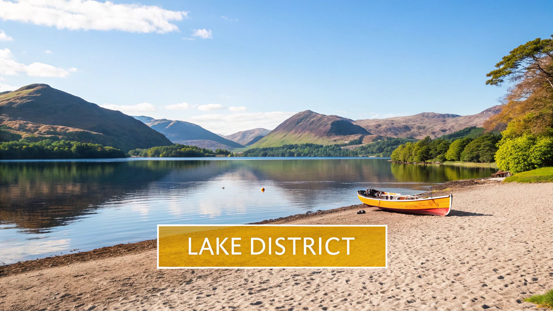 A serene view of a mountain lake, green hills, and a boat on a sandy beach in the Lake District.