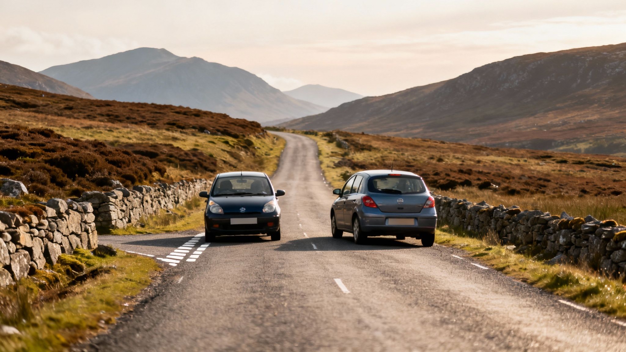 Your Ultimate Scotland Highland Tour Self-Drive Guide 5 A narrow single-track road with passing places winds through the green, rolling hills of the Scottish Highlands.
