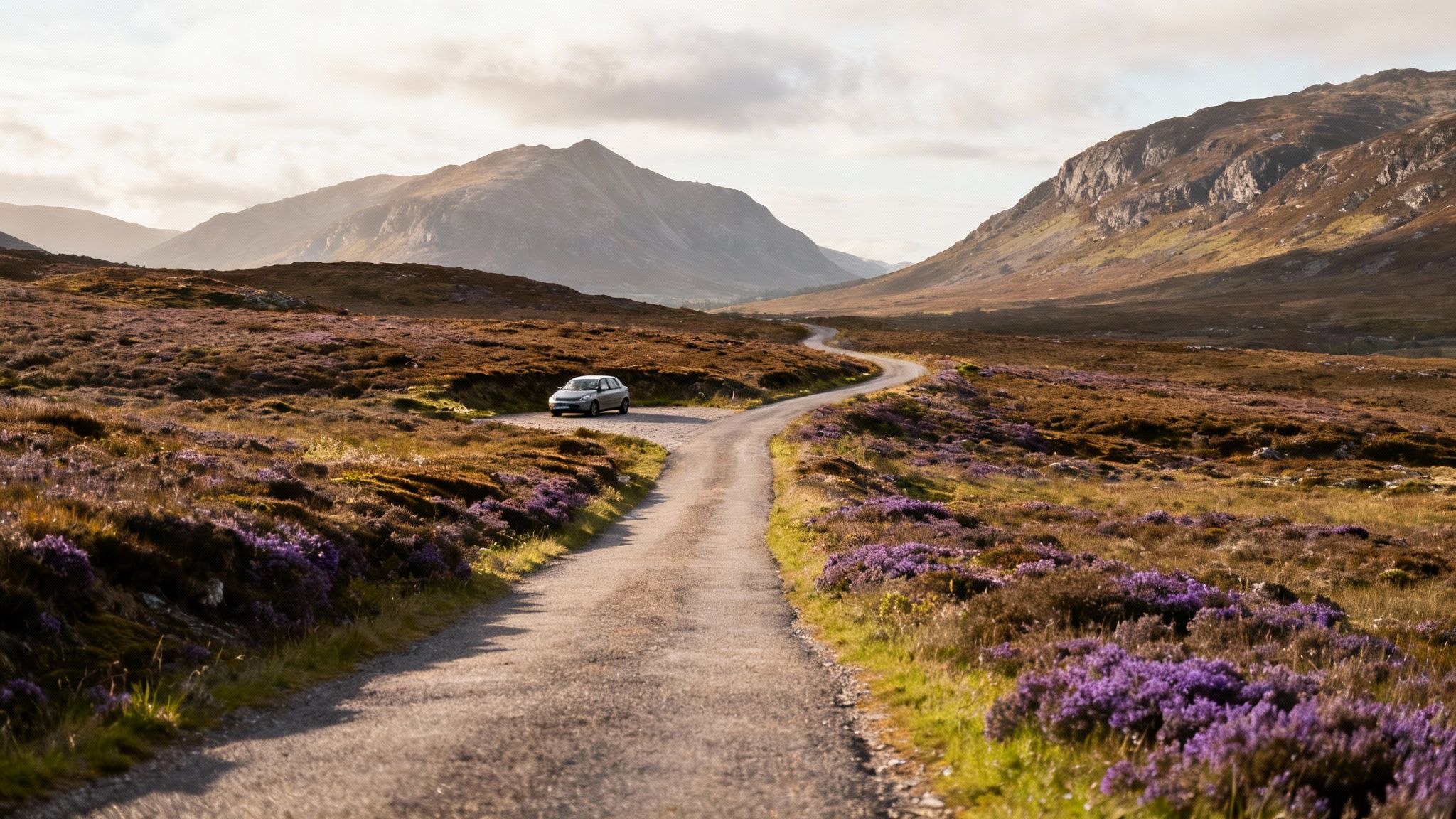 Silver car driving on winding road through Scottish Highlands with purple heather and mountains