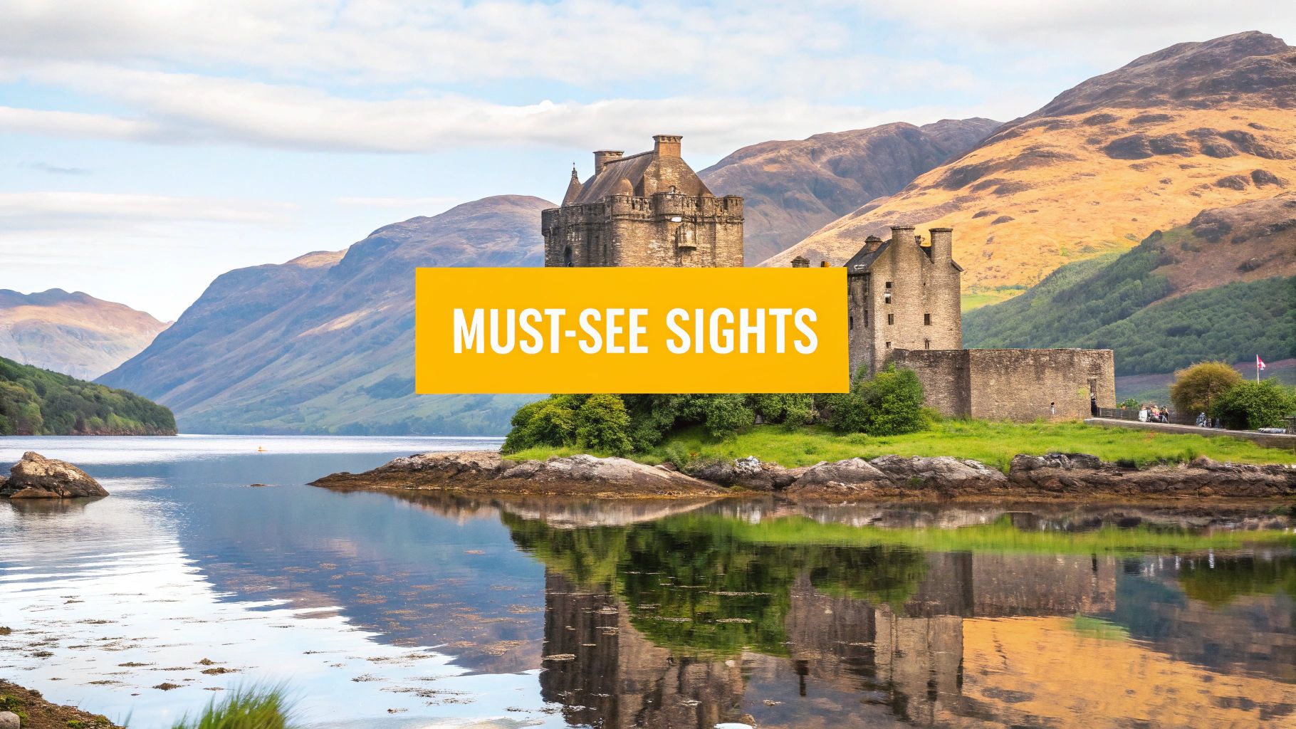 A picturesque view of Eilean Donan Castle reflected in a Scottish loch with mountains under a cloudy sky.