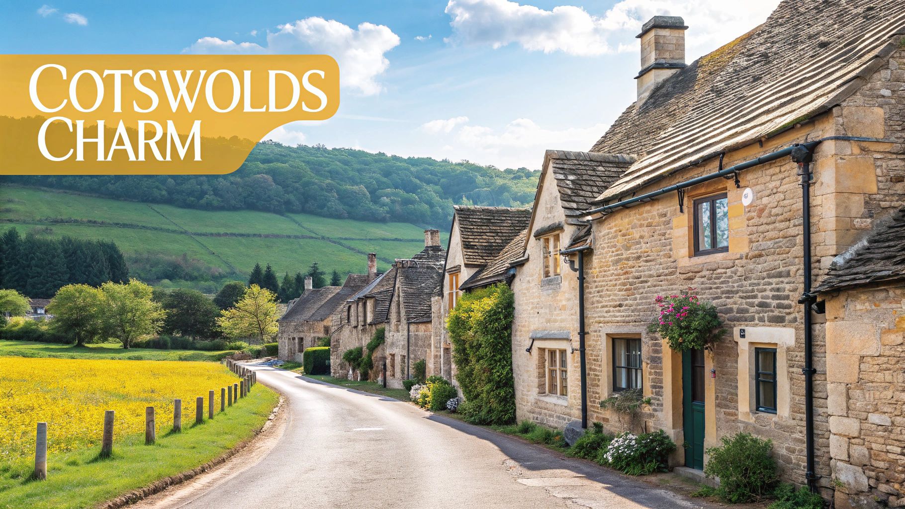 Picturesque village street in the Cotswolds with historic stone houses, yellow fields, and green hills.
