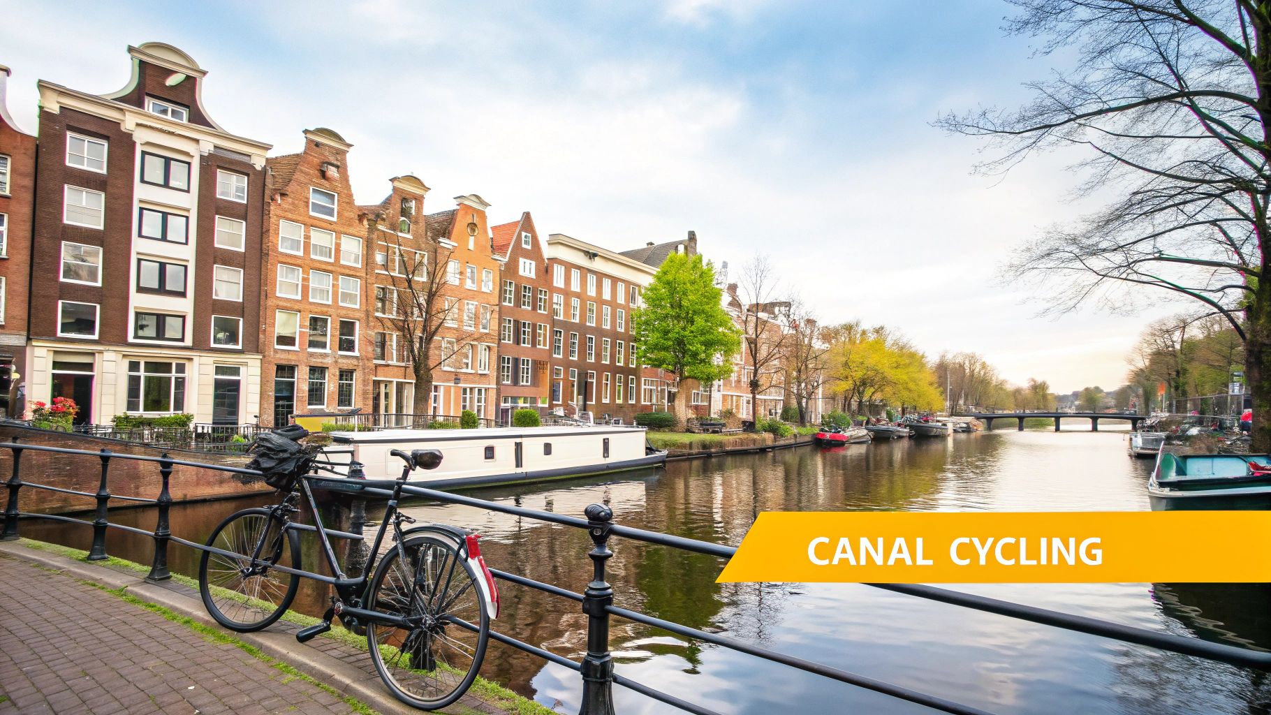 A scenic canal in a European city with traditional gabled houses, a houseboat, and a bicycle.