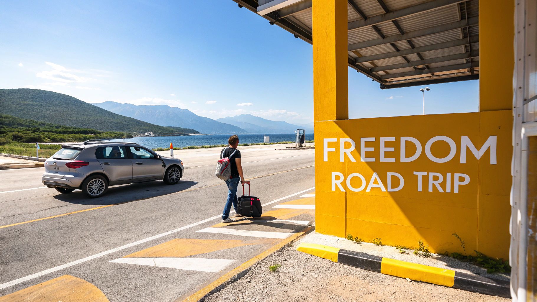 A man walks with his luggage past a "Freedom Road Trip" sign on a sunny coastal road.