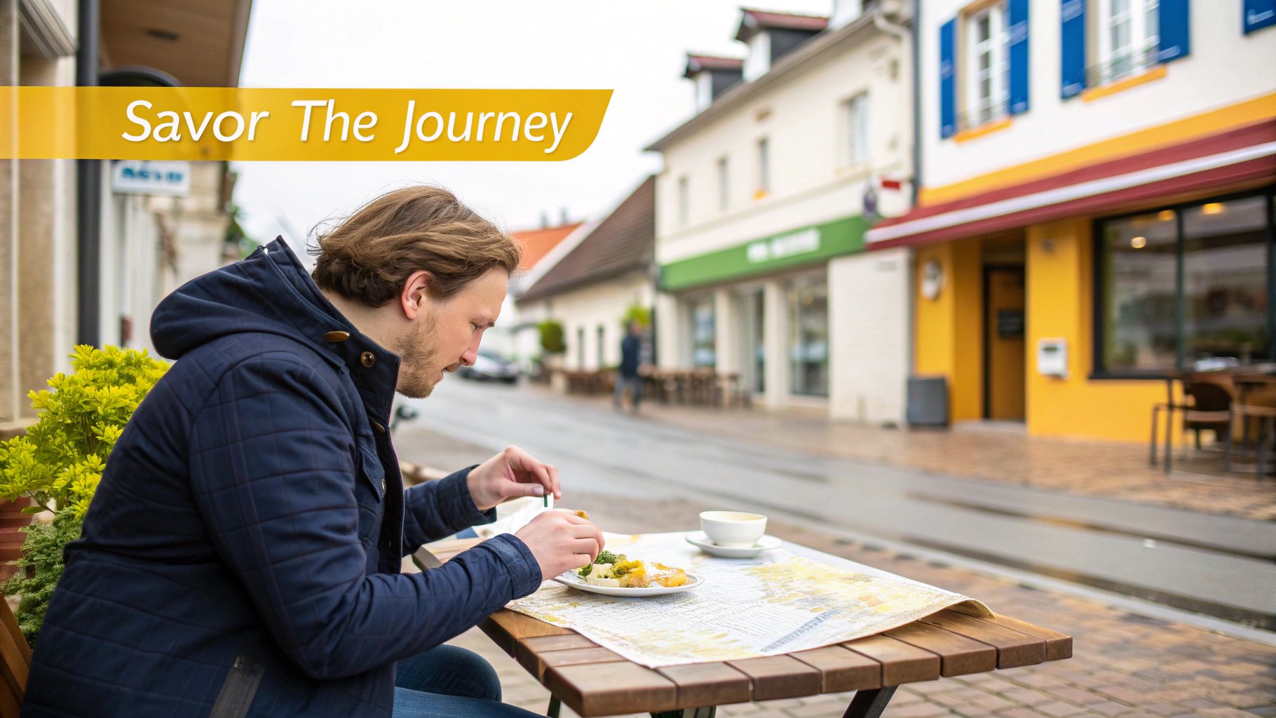 A man in a blue jacket sits at an outdoor cafe table, eating food and enjoying his journey.
