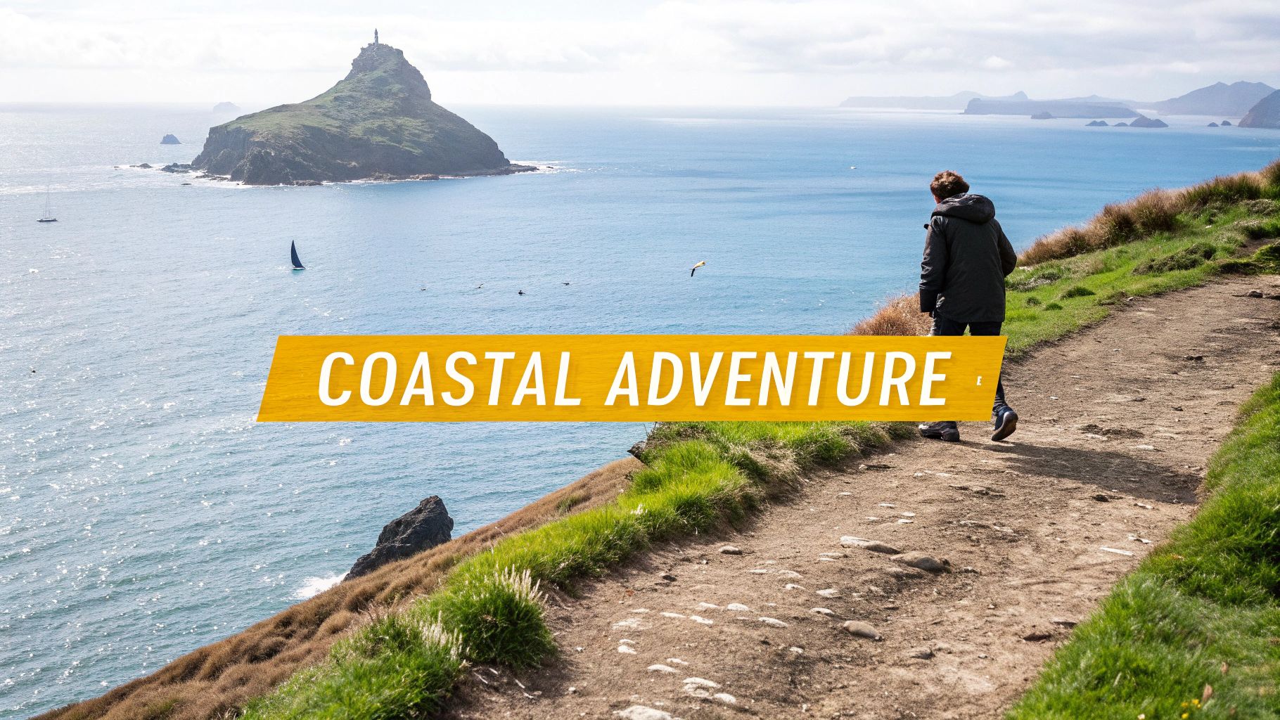 A person walks on a dirt path along a scenic coastline with a large island and sailboats in the blue ocean.