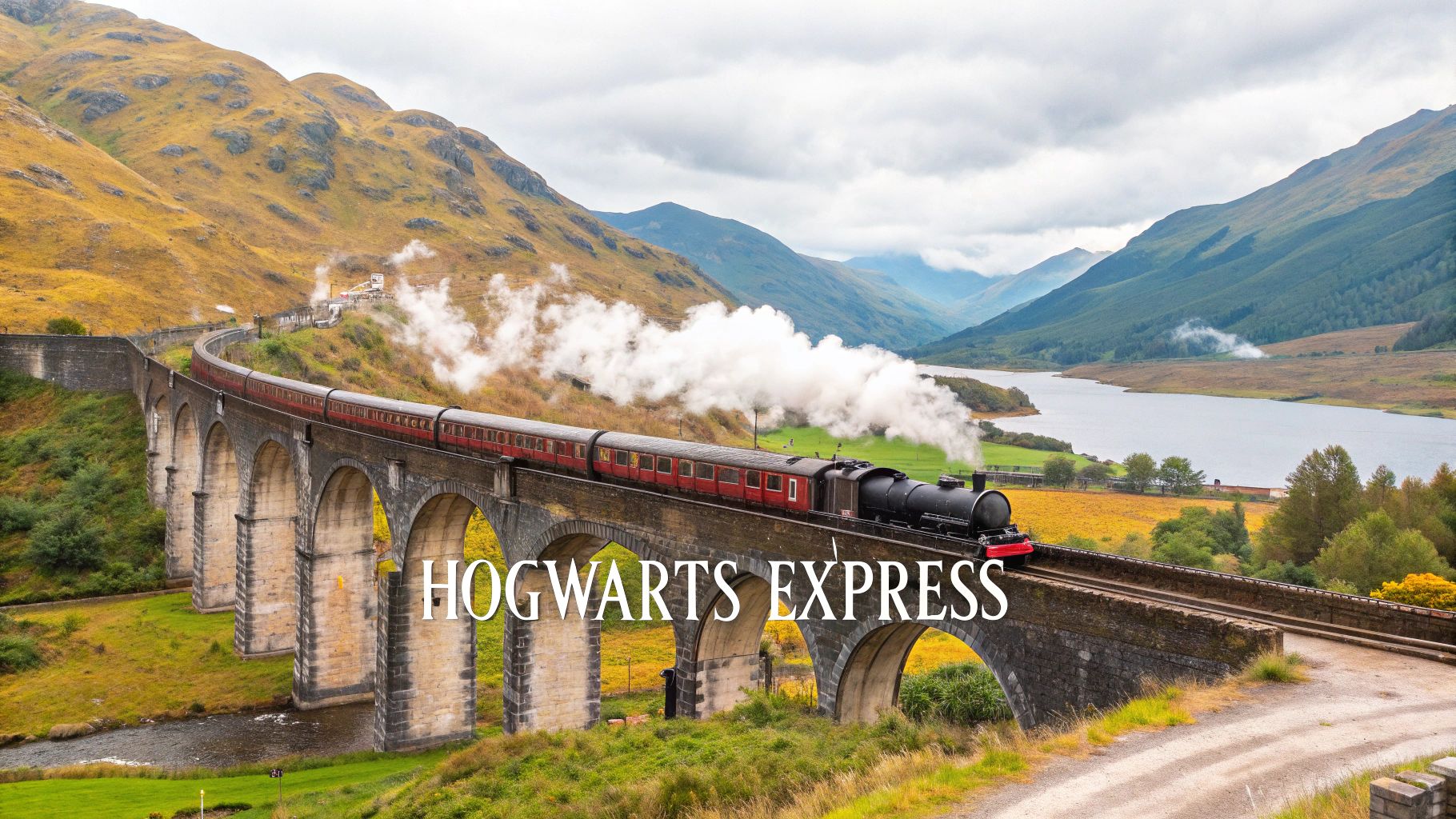 The iconic Hogwarts Express steam train crosses the Glenfinnan Viaduct amidst stunning Scottish Highlands scenery.