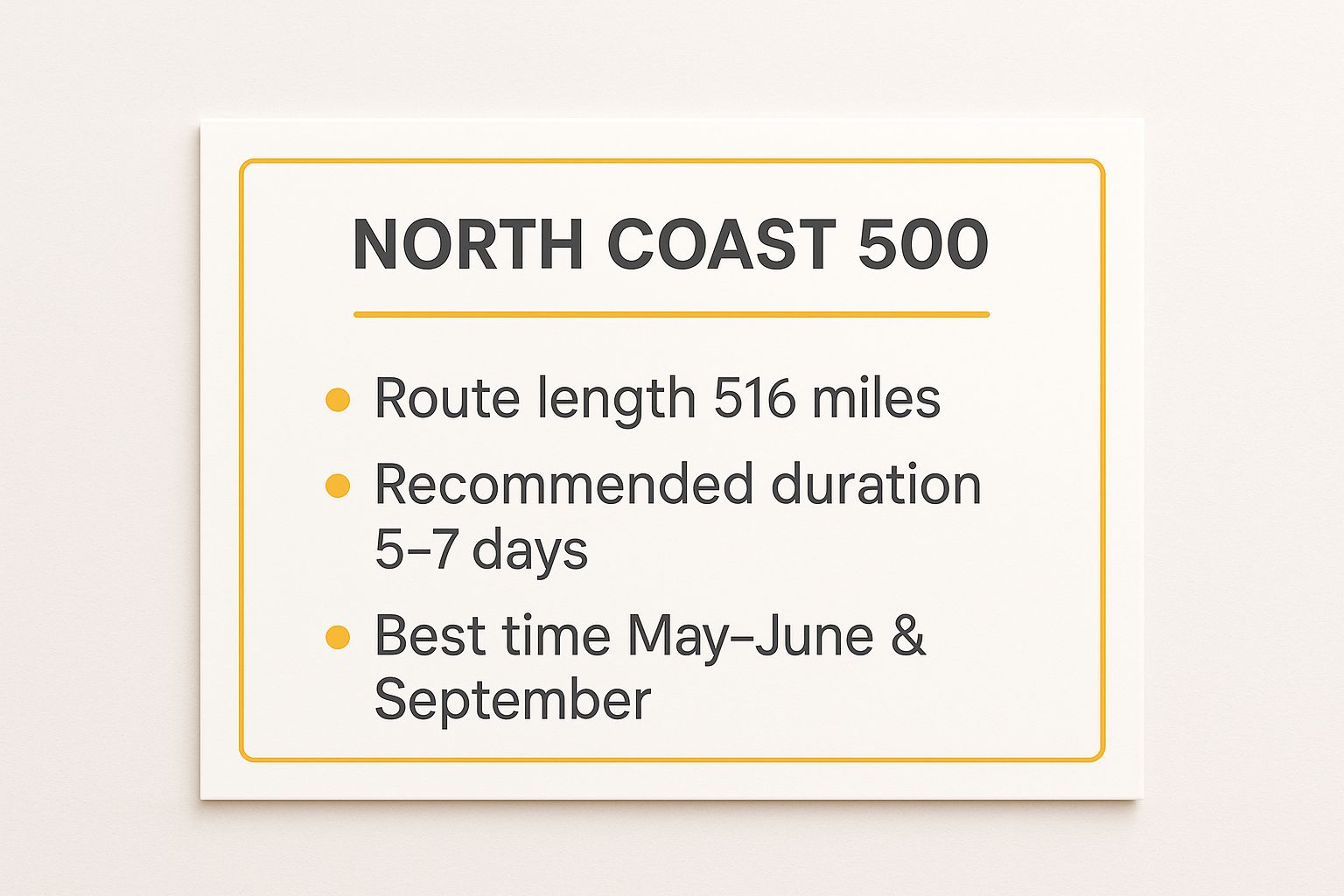 Infographic showing key data about North Coast 500 (NC500), Scottish Highlands